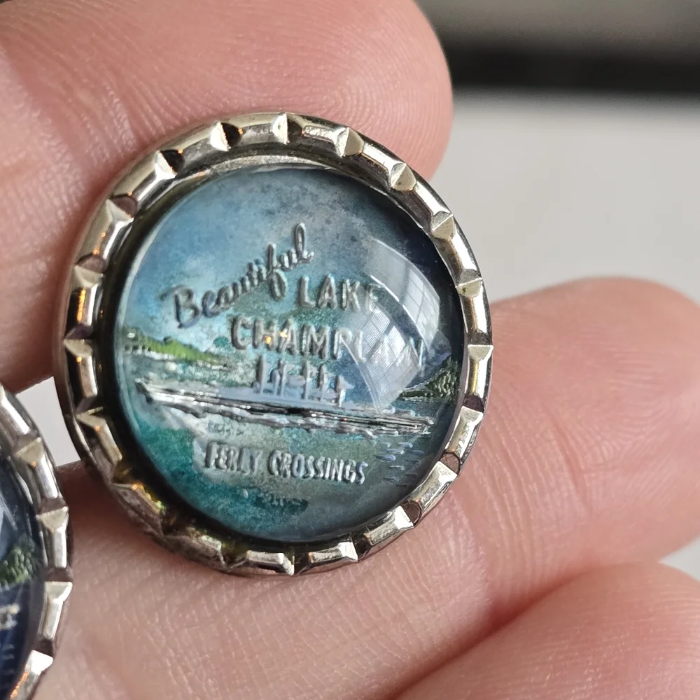 Vintage cuff links Lake Champlain Ferry Crossings silver tone bubble dome